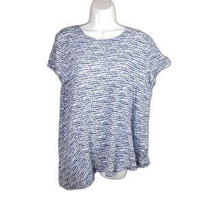 Pure Jill Linen Rayon Top Blue White M Coastal Grandmother Asymmetric Print